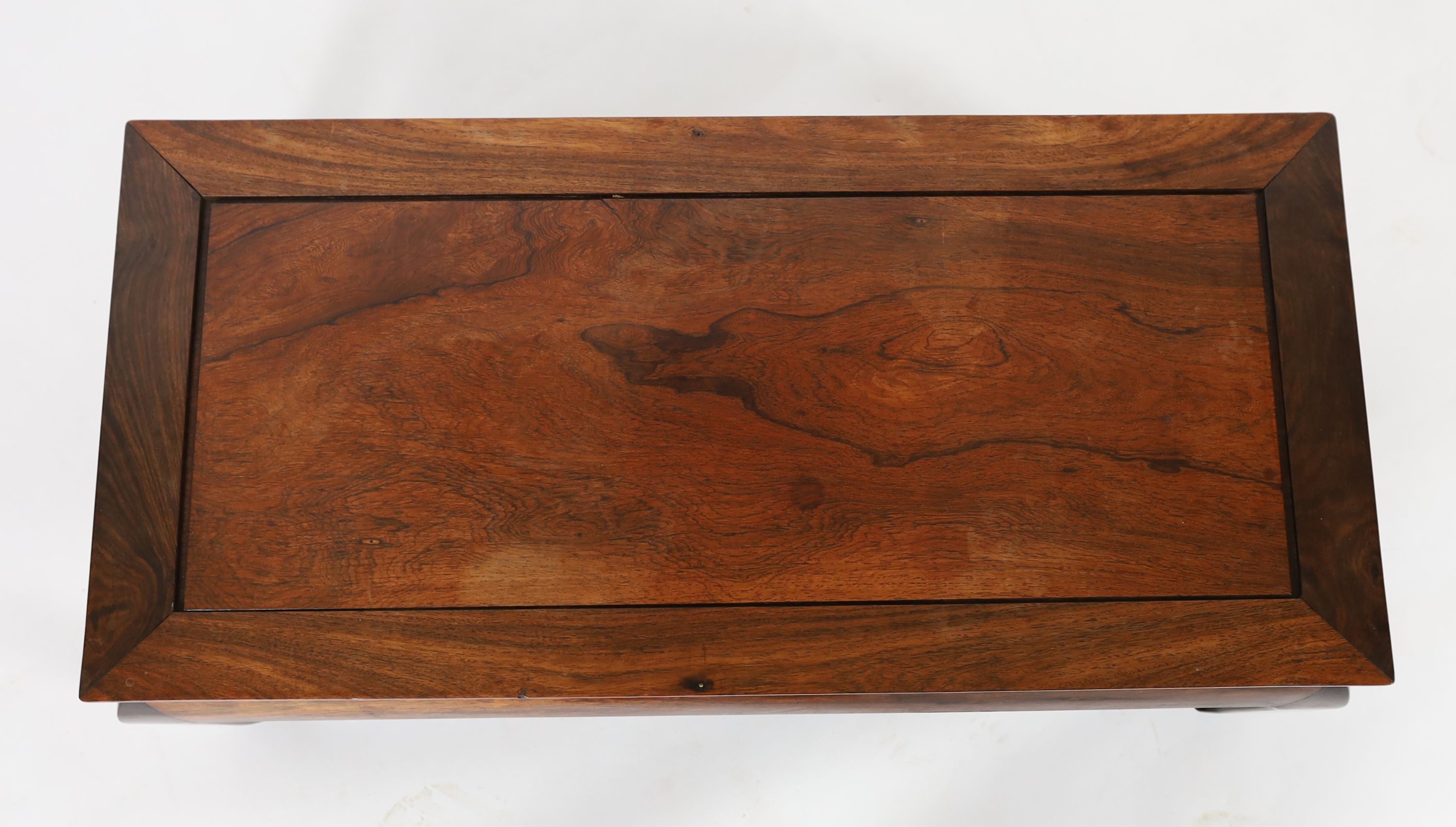 A small Chinese huanghuali Kang table, late Qing dynasty, 93cm long, 45.5cm wide, 33.5cm high, old repairs